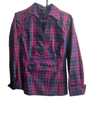 Talbots berry & navy plaid silk taffeta wrap top